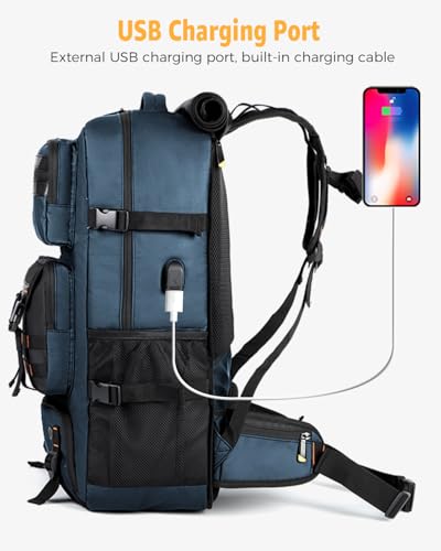 Ponhog Travel Backpack for Men, 50L Carry On Flight Approved Convertible Duffle Bag with Shoe Compartment, 17 inch Laptop Luggage with USB Charging Port for Weekender Hiking, Blue - color: Blue