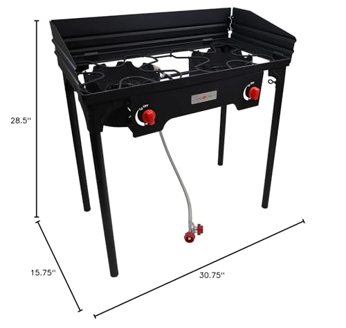 Gas One Propane Double Burner Two Burner Camp Stove with Windscreen Outdoor High Pressure Propane 2 Burner Adjustable PSI Regulator and 4ft Steel Braided Hose With Removable Legs - size: 2 Burner with Windguard