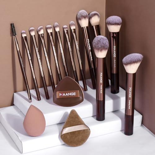 MAANGE 16PCS Makeup Brush Set Travel Makeup Brushes for Liquid Powder Contour Concealer Cream Cosmetics Blending Eyeshadow Eyeliner (Coffee) - color: Coffee