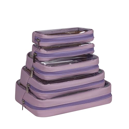 Remobia Hicol TSA Approved 5-Piece Diaper Bag Organizer Pouch Set Clear Waterproof TPU Kids Toiletry Storage Set Travel Packing Clutch Cube Bags for Baby Nursing (Purple) - color: Purple Leather