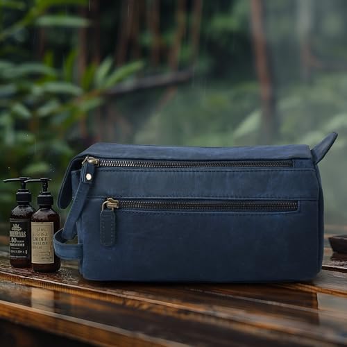 LEATHER VILLAGE Genuine Leather Travel Toiletry Bag - Water-Resistant Dopp Kit for Toiletries, Large Shaving Bag & Bathroom Organizer - Gift for Men & Women - Royal Blue - color: Royal Blue