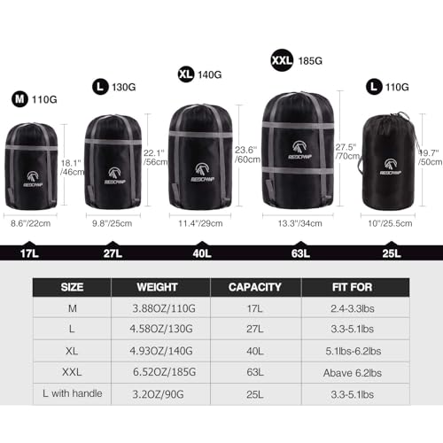 REDCAMP Sleeping Bag Stuff Sack, Black M, L, XL and XXL Compression Sack, Great for Backpacking and Camping - style: Black/L 27l