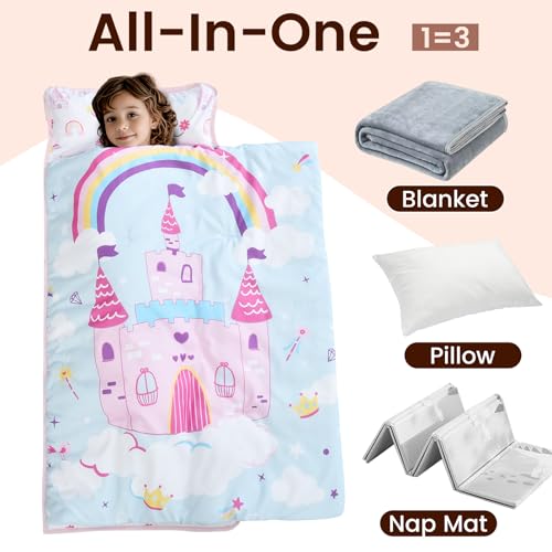 PHF Soft Toddler Nap Mat with Removable Pillow, Rollup Design Kids Sleeping Mat, Slumber Bags for Girls, 50"x20" Toddler Sleeping Bag for Daycare Preschool Travel Camping, Castle - color: Castle