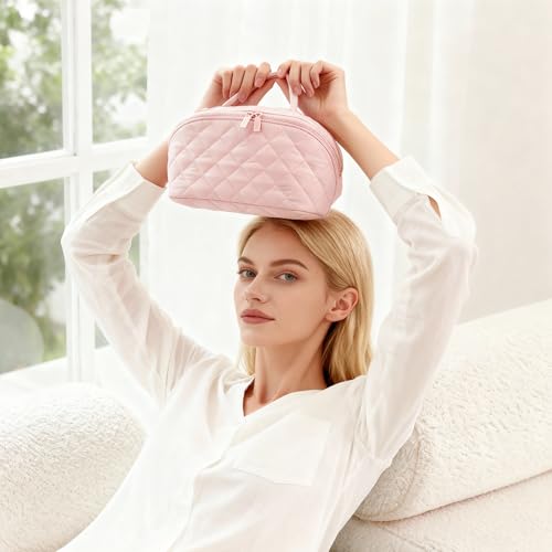 Makeup Bag for Woman, Travel Makeup Bag, Wide Open Lay-Flat Water-Resistant Cosmetic Case, Puffy Padded Organizer for Toiletries & Brushes Large Capacity with Compartments (White) - color: White