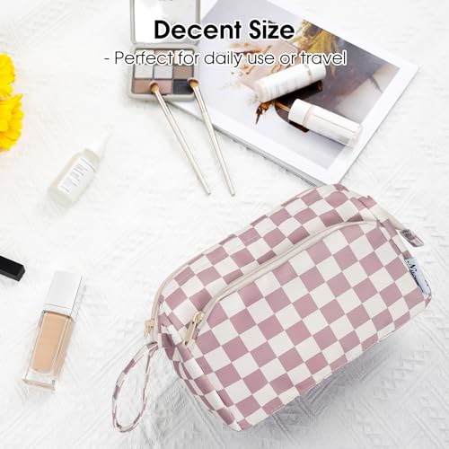Narwey Checkered Makeup Bag Women Wide-open Make up Bag Travel Cosmetic Bag Organizer Toiletry Bag for Cosmetics Toiletries Accessories (Dusty Rose Checkerboard) - color: Z-Dusty Rose Checkerboard