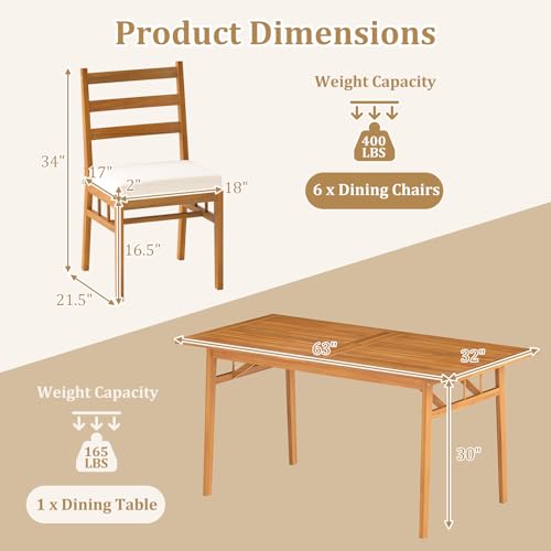Tangkula 7 Pieces Patio Acacia Wood Dining Set, Outdoor Heavy Duty Rectangular Table with 1.97” Umbrella Hole and 6 Cushioned Chairs, for Deck, Garden and Backyard - size: 7 pieces