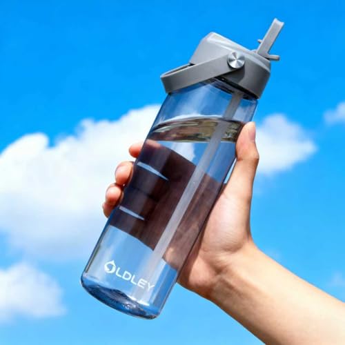 OLDLEY 32 oz Water Bottle with Straw, Leakproof Sports Water Bottle with Carry Strap, BPA-Free Large Water Bottles for Home,Travel, School, Outdoors, Gym, Tritan, Gray - color: Gray