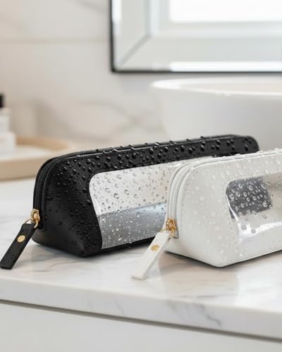 LETGO Clear Makeup Brush Bag Pouch, Waterproof PU Leather Portable Makeup Bag Holder with Transparent Window, Travel Lipstick Case Pouch Car Organizer and Storage (Slim, Beige) - color: Beige, style: Slim