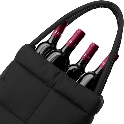 PUFT Puffer Wine Tote Bag – Insulated Wine Bottle Carrier for Bottles – Trendy Quilted Wine Bag - color: 4 Bottles Black