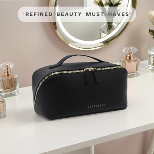 Travel Makeup Bag – Large Cosmetic Organizer with Waterproof PU Leather, Smooth Double Zipper & Tear-Resistant Lining, Toiletry Pouch for Women (Black) - color: 01-Black
