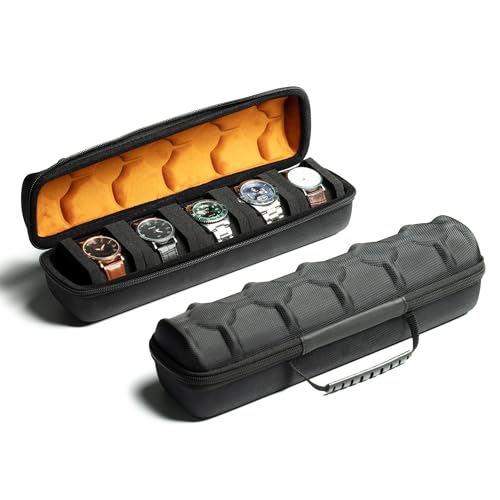 5 slot watch case for travel and storage, hard Watch Roll Organizer holder for Men and Women with microfiber lining - size: 5 slots