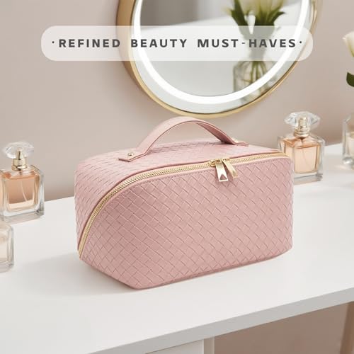 Travel Makeup Bag – Large Cosmetic Organizer with Waterproof PU Leather, Smooth Double Zipper & Tear-Resistant Lining, Toiletry Pouch for Women (Pink) - color: 03-Pink