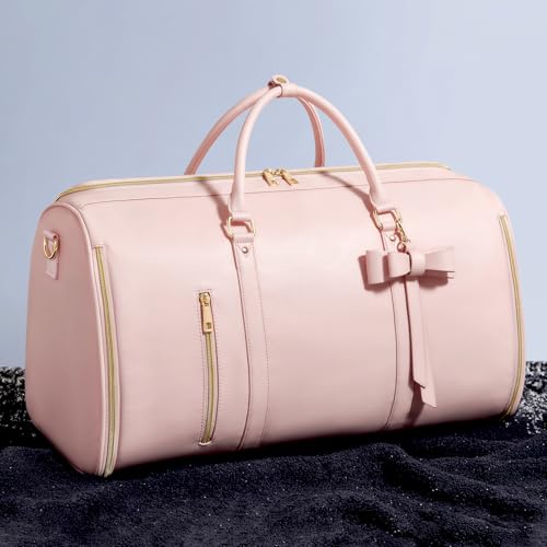 Garment Bags for Travel, Convertible Suit Travel Bag for Women, Fashion & Cute Carry On Garment Bag w/Shoes Pouch, 2 in 1 Foldable PU Leather Hanging Duffle Bag, Single-Zipper Design, Pink - color: Light Pink