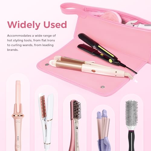 JKAOO Hair Tools Travel Bag and Heat Resistant Mat, 2 in 1 Portable Organizer Hair Travel Case for Curling Iron, Hair Straightener, Flat Irons, PU Hangable Handle, Neoprene (Sweet Pink) - color: Sweet Pink