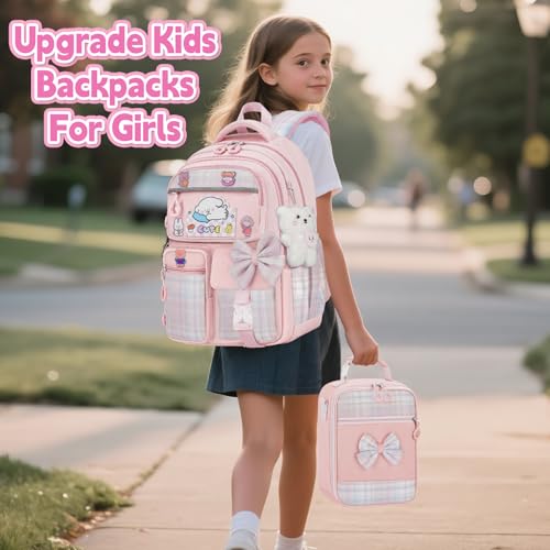 Girls Backpack with Lunch Box Set, 5pc Pink Cute Kawaii Bookbag for Teens, Aesthetic School Backpack for Elementary - color: Pink