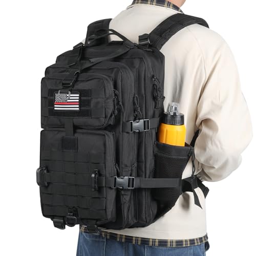 Hannibal Tactical MOLLE Assault Backpack, Tactical Backpack Military Army Camping Rucksack, 3-Day Pack Trip w/USA Flag Patch, D-Rings, Flag patch with water bottle - color: Flag Patch With Water Bottle
