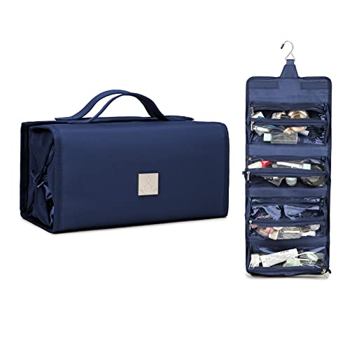 ROYALFAIR Roll Up Makeup Bag, Travel Toiletry Bag for Women with 4 Clear TSA Approved Pouches, Hanging Travel Organizer, Folding Cosmetic Bag for Men and Women - color: Navy