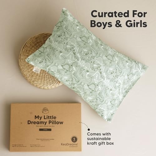 KeaBabies Organic Toddler Pillow with Pillowcase, Jumbo 14X20 - Soft Cotton Toddler Pillows for Sleeping - Machine Washable - Perfect for Travel, Toddler Bed Set (DinoDood) - color: Dinodood
