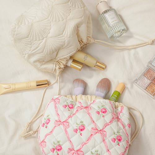 3pcs Large Cotton Quilted Makeup Bag Set,Coquette Aesthetic Cute Travel Toiletry Bag,Drawstring Gift Bag for Women and Girls(3Pcs Pink Bow) - color: 3Pcs Pink Bow