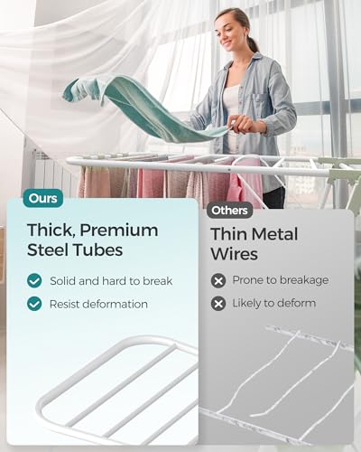 SONGMICS Clothes Drying Rack, Foldable 2-Level Laundry Drying Rack, Free-Standing Laundry Airer, with Height-Adjustable Wings, 33 Drying Rails, Sock Clips, White and Green ULLR053C01V1 - color: White + Green, size: 2 Tiers(22"d x 61.8"w x 64.3''h )