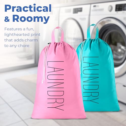 Extra Large Travel Laundry Bag - 2-Pack Fun Print Design Bags for Dirty Clothes - Durable Water-Resistant Fabric - Sturdy Drawstring Closure (Pink-Teal | Laundry) - color: Pink-teal | Laundry