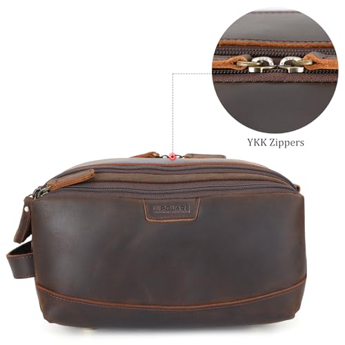 Polare Full Grain Leather Toiletry Bag for Men Large Travel Cosmetic Case Dopp Kit Shaving Kit Wash Pouch with YKK Zippers - color: Dark Brown