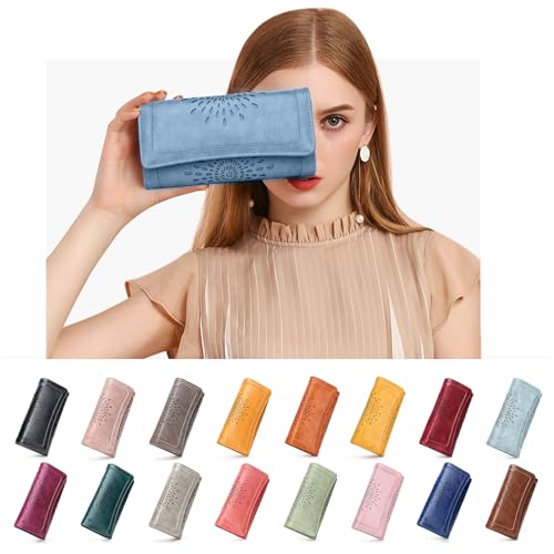 APHISON Womens Wallets RFID Blocking Leather Clutch Long Wallet for Women Card Holder Phone Organizer Ladies Travel Purse Hollow Out Sunflower Design Gift - color: d-Blue2