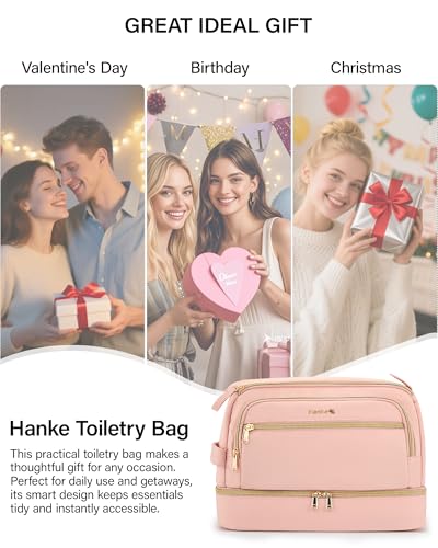 Hanke Travel Toiletry Bag, Lightweight Wide-open Makeup Bag, Dual-Layer Travel Bag for Toiletries Water-Resistant Cosmetic Bags Large Toiletry Bags for Women & Men, Travel Essentials, Pink - color: Pink