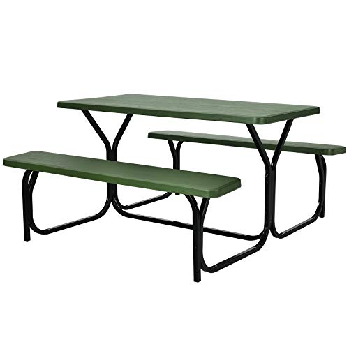 Giantex Picnic Table Bench Set Outdoor Camping All Weather Metal Base Yard Pool Dining Party Garden Patio Lawn Deck Large Camping Table (Green) - color: Green