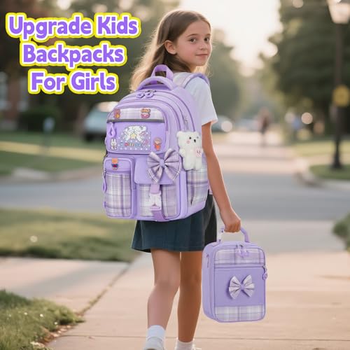 Girls Backpack with Lunch Box Set, 5pc Purple Cute Kawaii Bookbag for Teens, Aesthetic School Backpack for Elementary - color: Purple