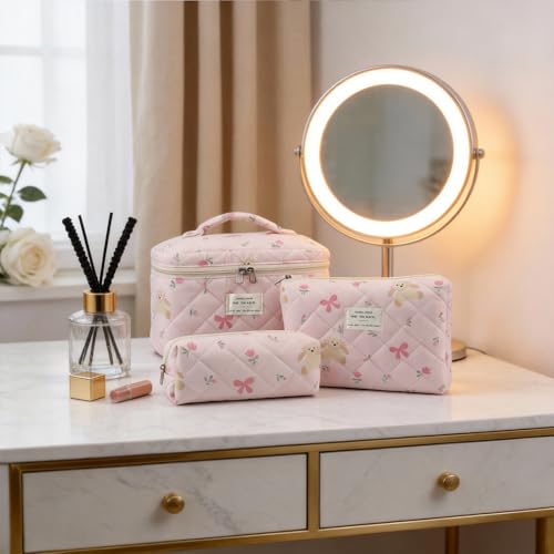 3PCS Coquette Makeup Bag,Quilted Cosmetic Bag Large Make Up Bag Set,Quilted Portable Toiletry Organizer Bag,Cotton Travel Skincare Bag for Women Girls (05-Pink Rabbit) - style: 05-pink Rabbit