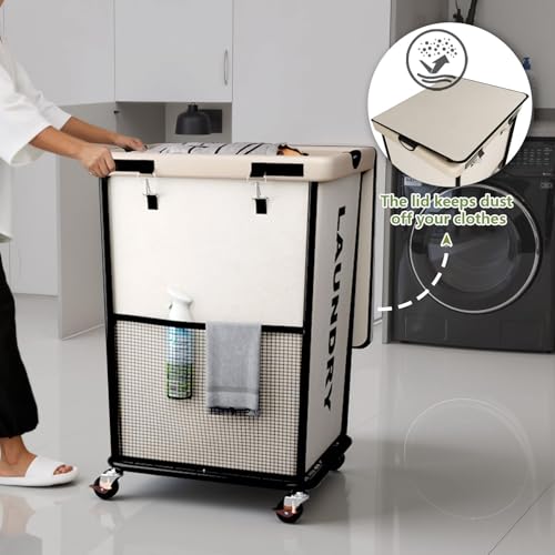 150L Laundry Basket with Wheels, Rolling Laundry Hamper with Cloth Cover, Laundry Cart with Metal Frame & Removable Bag, Large Dirty Clothes Hampers for Bedroom Aesthetic Laundry Room Bathroom, White - color: White, size: 150L