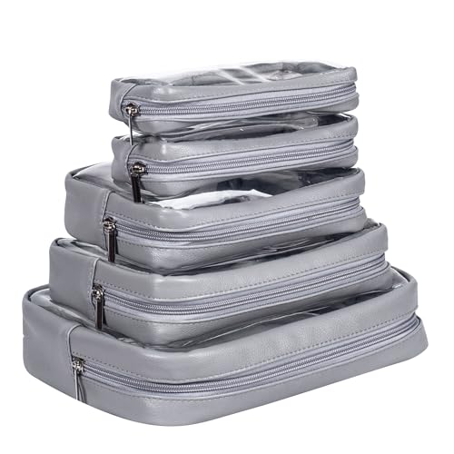 Remobia Hicol TSA Approved 5-Piece Diaper Bag Organizer Pouch Set Clear Waterproof TPU Kids Toiletry Storage Set Travel Packing Clutch Cube Bags for Baby Nursing (Dark Gray) - color: Dark Gray Leather