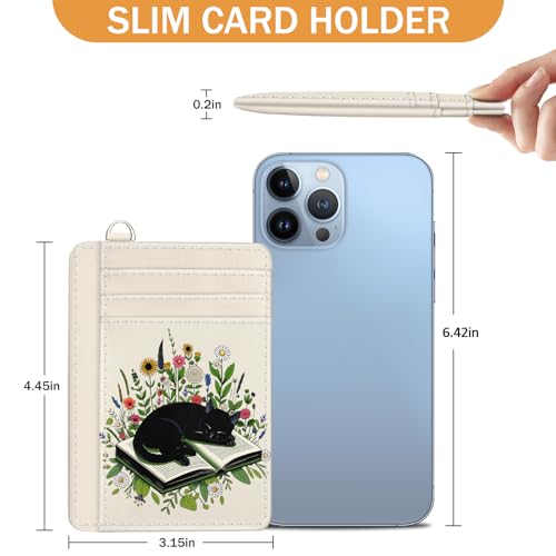Yonlevres Credit Card Holder Slim Wallet, Floral Cat RFID Wallet Women Front Pocket Small Card Holder, Travel Cute Funny Thin RFID Blocking Case Organizer ID Window PU Leather Gifts - color: Cat Book