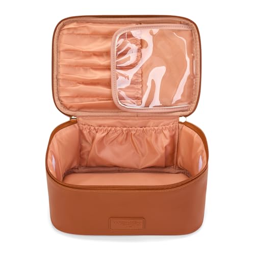 Montana West X Wrangler Travel Makeup Bag 2pcs Set Large Cosmetic Bag with Makeup Brush Holder Portable Make Up Organizer Cute Toiletry Bag with Divider and Handle for Women - color: Light Brown
