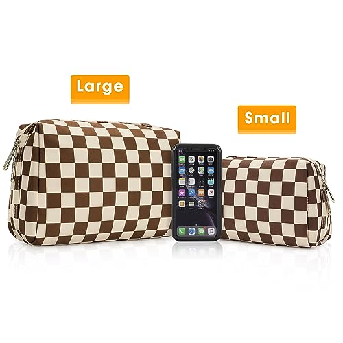 Narwey Checkered Makeup Bag Travel Cosmetic Bag Organizer Toiletry Bag Make Up Bags with Compartments for Women Girls (Large, Dark Checkerboard) - color: YB-Dark Checkerboard, style: Large