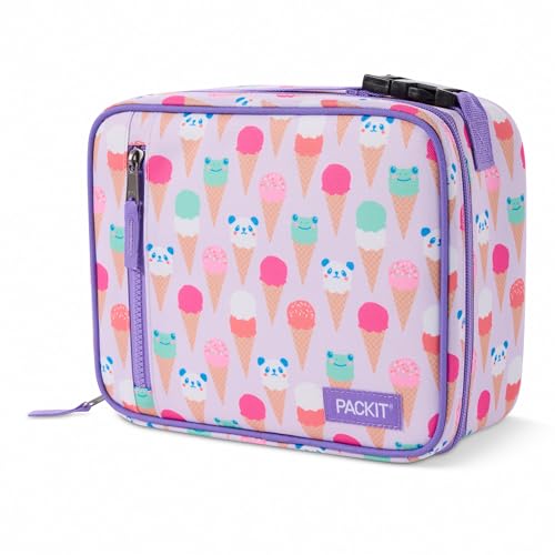 PackIt Freezable Classic Lunch Box, Ice Cream Critters, Built with EcoFreeze Technology, Collapsible, Reusable, Zip Closure With Zip Front Pocket and Buckle Handle, Designed for Fresh Lunch On the Go - color: Ice Cream Critters