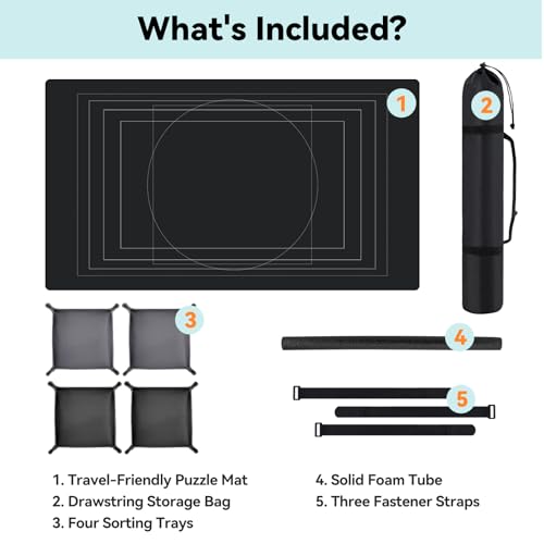 Puzzle Mat Roll Up with Drawstring Storage Bag, Portable Saver Pad 46” x 26” Up to 1500 Pieces with Non-Slip Rubber Bottom & Smooth Top + 4 Puzzle Sorting Trays & Travel-Friendly Storage Bag
