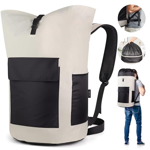 Haevon Laundry Backpack - 131L Heavy Duty Laundry Bag with Padded Shoulder & Waist Straps, Removable Liner College, Dorm, Apartment, Travel, Outdoor - Big Laundry Bag for Easy Carrying (Grey Black) - color: Gray and Black