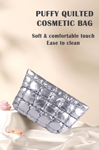 Puffy Quilted Makeup Bag, Cosmetic Bag, Travel Toiletry Organizer Pouch, Clutch for Women (Silver) - color: Silver
