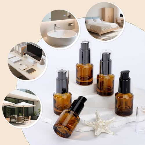 Segbeauty 0.5oz Empty Glass Refillable Travel Bottles, 5pcs Lotion Pump Bottle Dispenser, 15ml Amber Mini Empty Travel Size Bottles for Creams, Small Lotion Dispenser with Pump Liquid Container - color: Amber, style: 5pcs 0.5oz