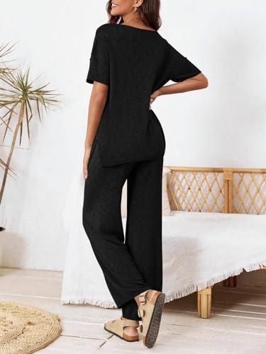 Tankaneo Women's 2 Piece Travel Outfits Casual Short Sleeve Knit Sweater Set Wide Leg Pants Lounge Sets Tracksuit - color: Black, size: Medium