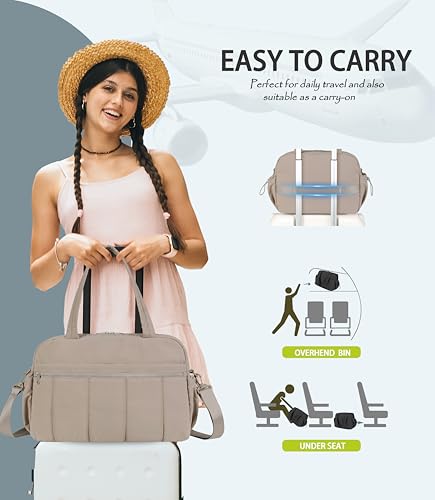 Lightweight Travel Duffle Bag for Women, Quilted Puffy Weekender with Wet Pocket for Gym, Overnight, Personal Item Carry On, Camel - color: Camel