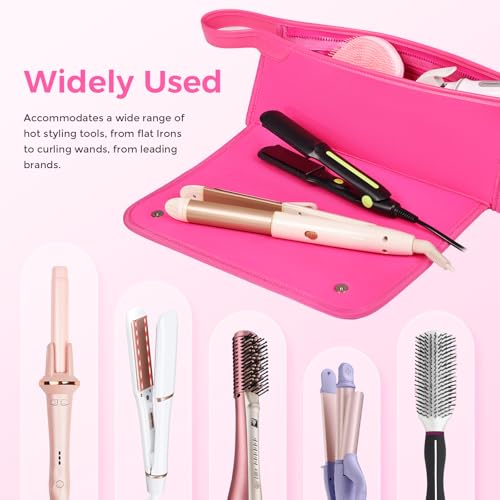 JKAOO Hair Tools Travel Bag and Heat Resistant Mat, 2 in 1 Portable Organizer Hair Travel Case for Curling Iron, Hair Straightener, Flat Irons, PU Hangable Handle, Neoprene (Vibrant RoseRed) - color: Vibrant Rosered