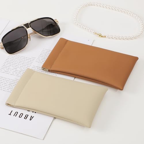 Squeeze Top Sunglass Case, New Organosilicon Soft PU Leather Eyeglass Glass Case Travel Large Sunglasses Pouch - color: Brown+beige