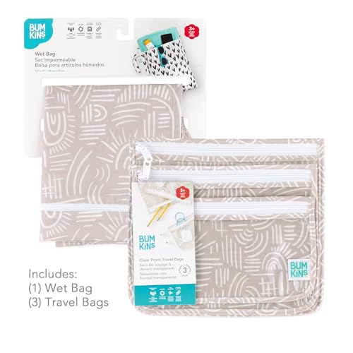 Bumkins - Waterproof Wet Bag & Clear Travel Bags - For Beach, Baby, Travel, Swim Suit, Cloth Diapers, Pump Parts, Pool, Gym, Toiletries - Reusable & Easy to Clean - Boho Beige - 4 Pack - color: Boho Beige 4pc