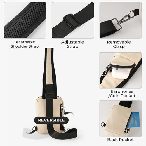 BROADREAM Sling Bag, Crossbody Bag with Anti-Theft Lock Zipper, RFID Blocking & Water Resistant for Travel Work Sport - color: Beige
