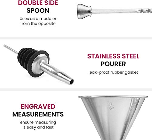 FineDine Cocktail Shaker Set with Travel Bag - Stainless Steel Shaker Set Bartender Kit - Mixology Bartender Kit - Strainer, Muddler, Jigger, Bar Spoon, Bottle Opener, Pour Spouts - Bar Set (14 Piece) - size: 14 Piece