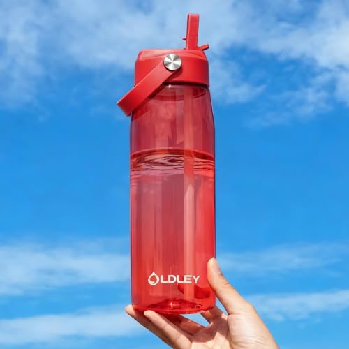 OLDLEY 32 oz Water Bottle with Straw, Leakproof Sports Water Bottle with Carry Strap, BPA-Free Large Water Bottles for Home,Travel, School, Outdoors, Gym, Tritan,Red - color: Red