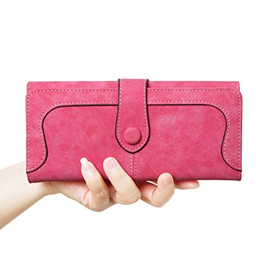 Women's Vegan Leather 17 Card Slots Card Holder Long Big Bifold Wallet - color: Rose